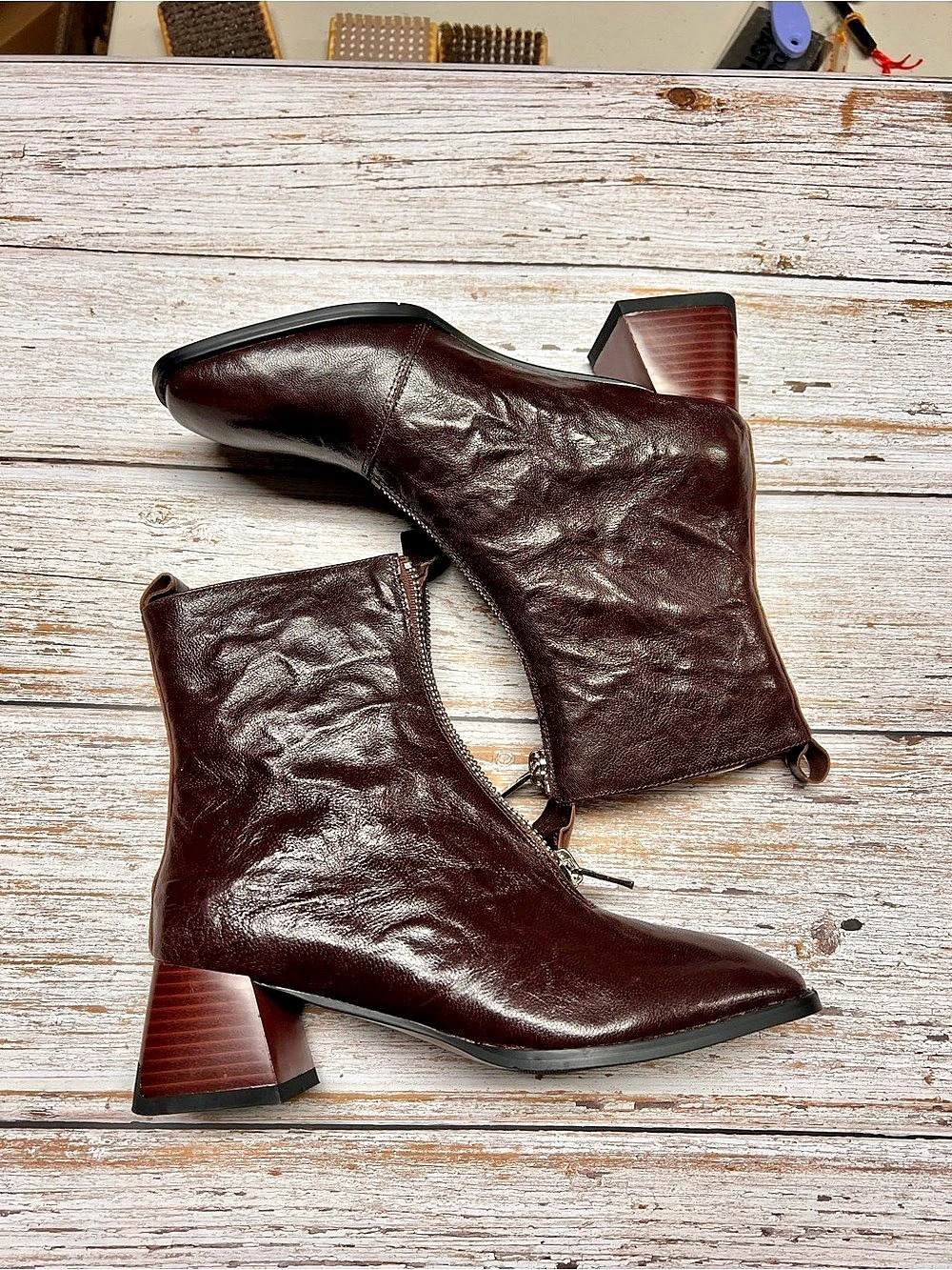 Brown Leather-Look Zip Ankle Boots